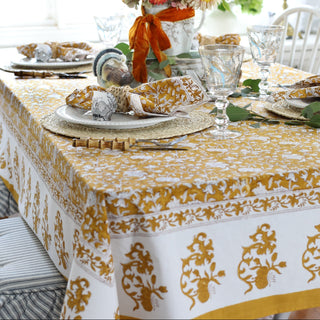 Tablecloth in olive green with teal motifs