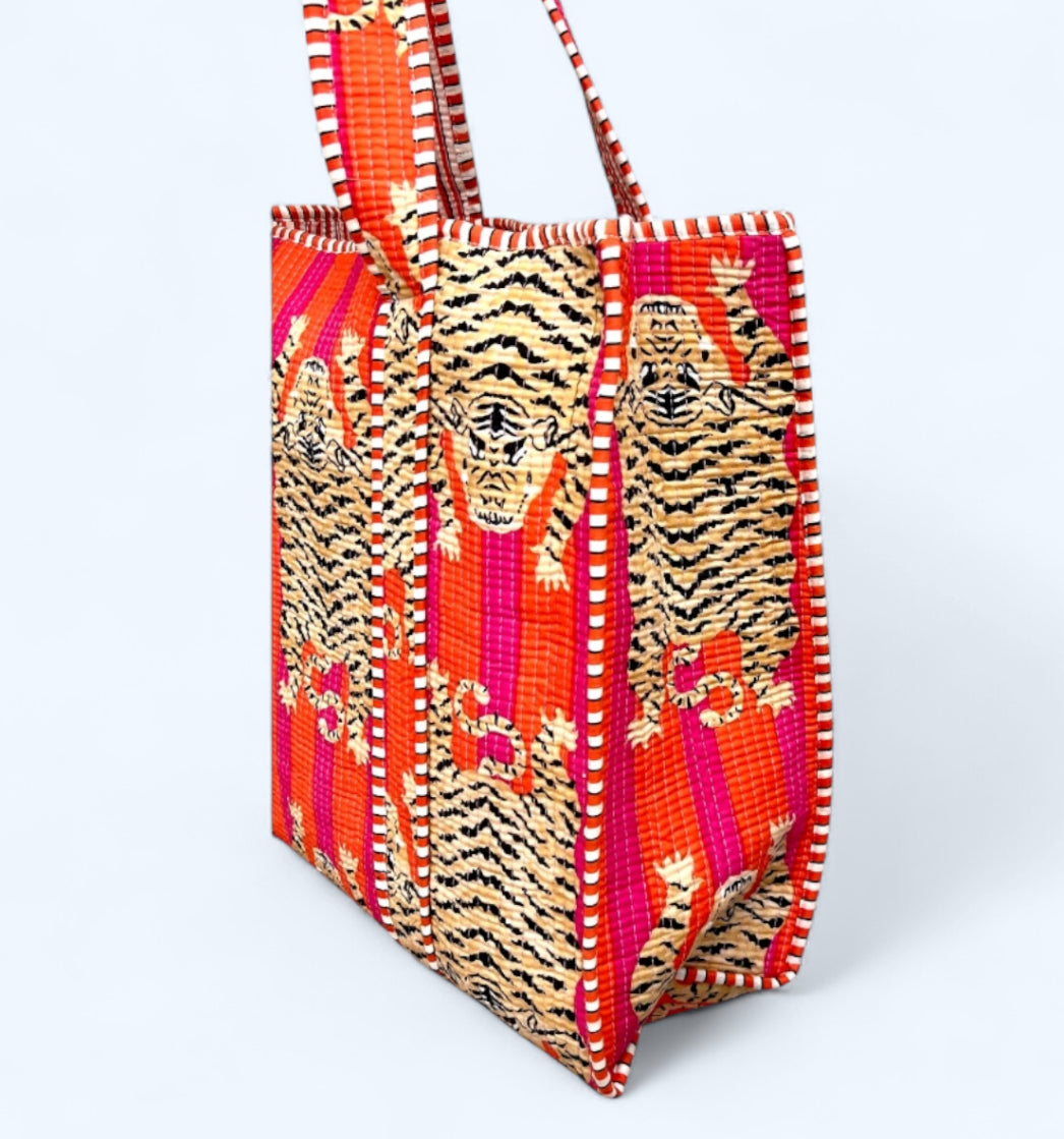 Pink Orange Tiger Quilted Tote